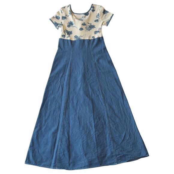 Vintage 90s Peggy Sue Denim Maxi Dress Floral Button Front Cottagecore - Picture 4 of 5